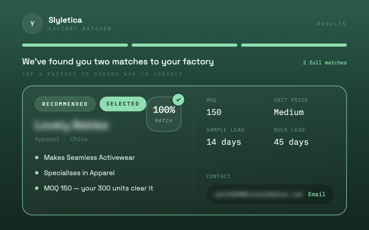 Slyletica Factory Matcher showing a supplier match
